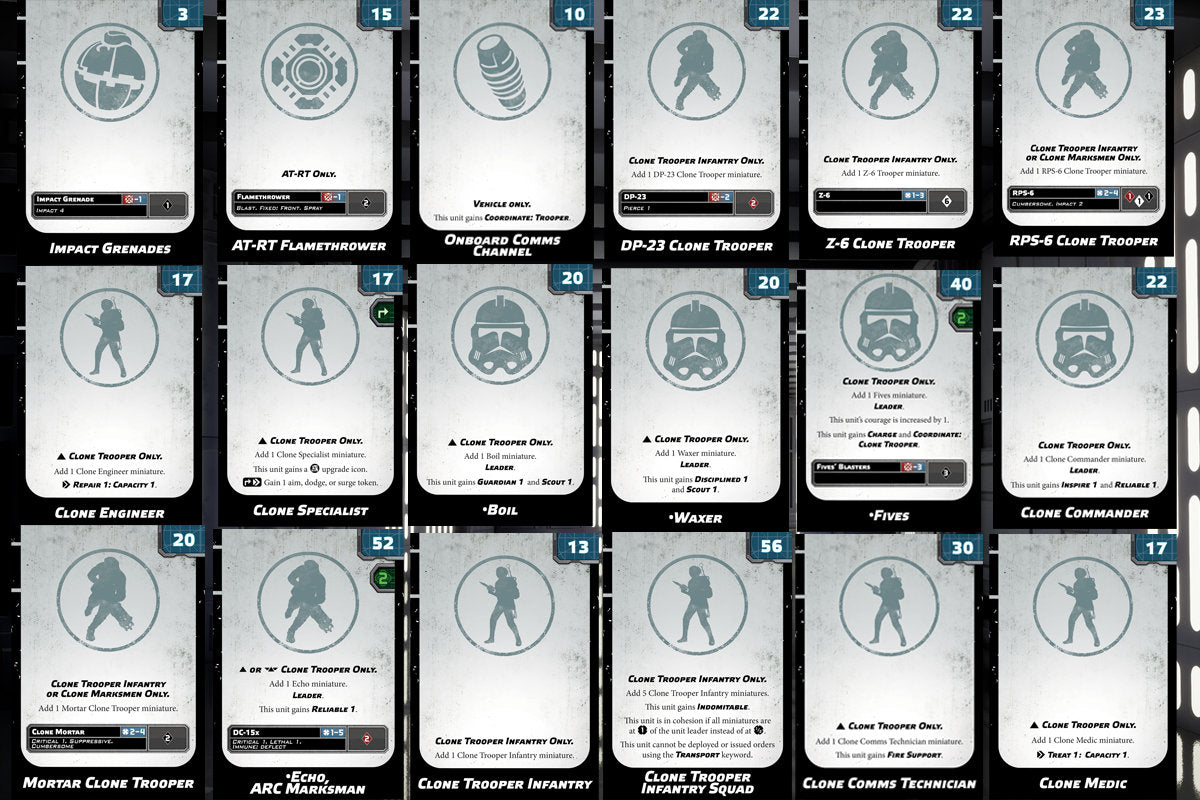 Galactic Republic - Star Wars Legion - 2024 Unit Player, Upgrades, & Command Cards - 99 Cards Included