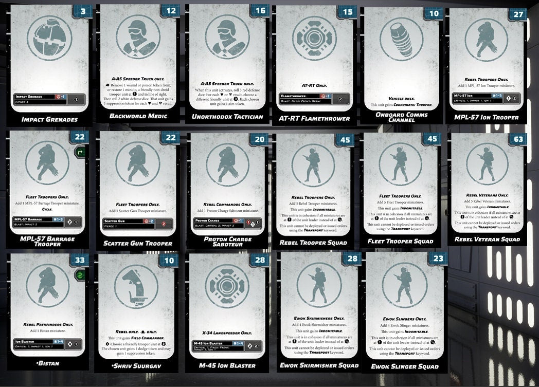 Rebel Alliance - Star Wars Legion - 2024 Unit Player, Upgrades, & Command Cards - 99 Cards Included